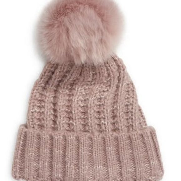 KYI Kyi Chunky Wool Blend Beanie with Faux Fur Pom